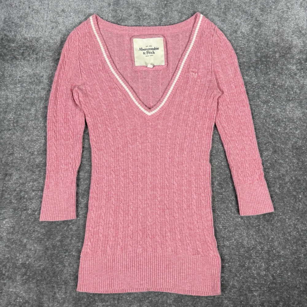 Y2K Abercrombie & Fitch Sweater Women's Large Pink Cable Knit V-Neck Rabbit Hair